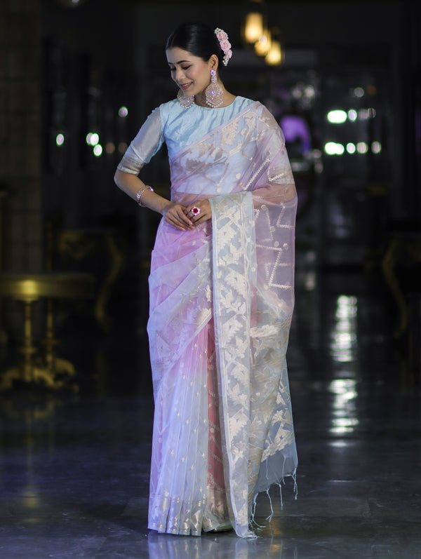 Banarasee Dual Color Organza Saree With Zari Jaal Design-Light Blue & Light Pink