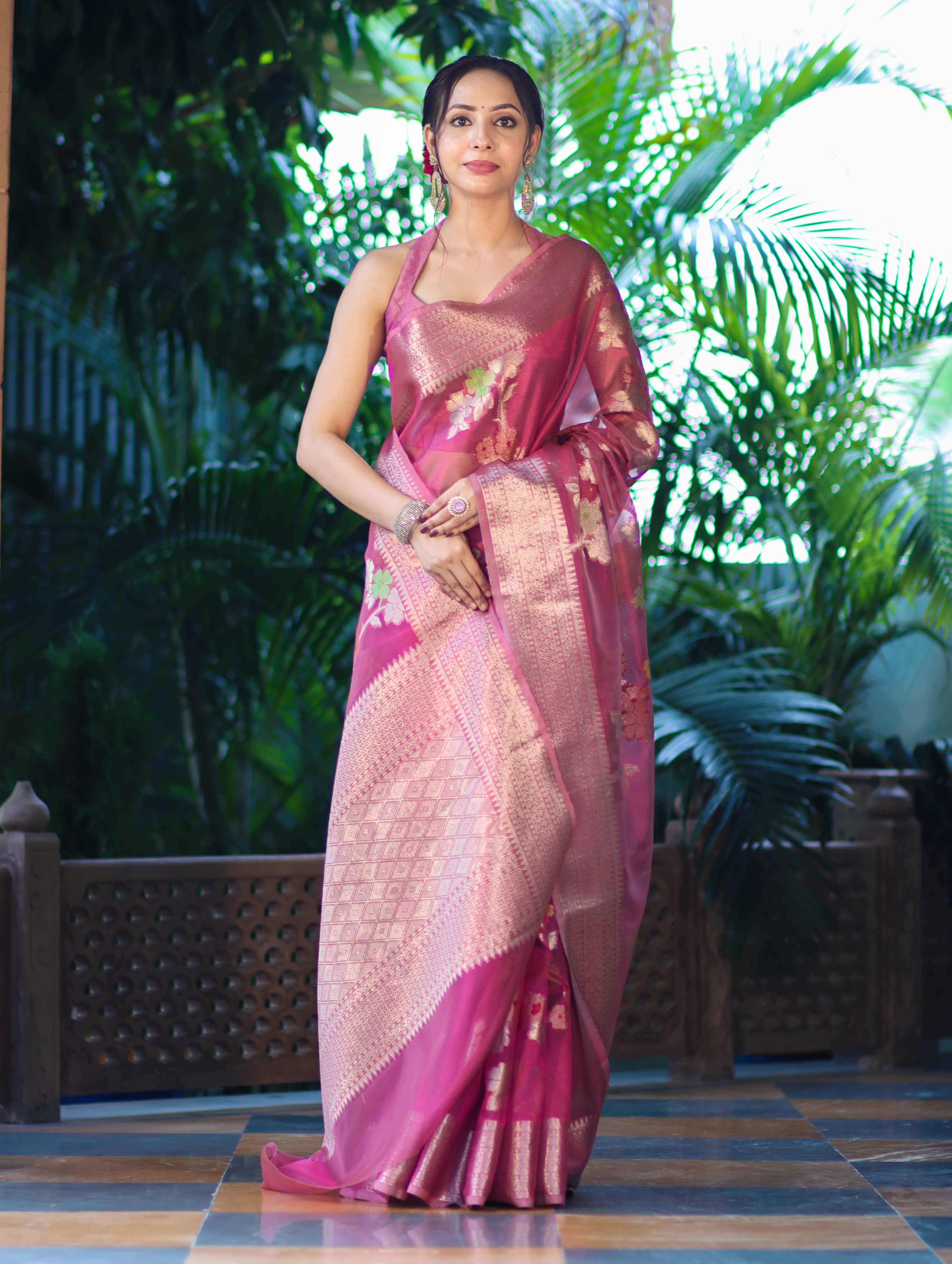 Banarasee Handloom Tissue Saree With Floral Zari Work & Border-Onion Pink