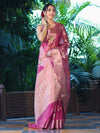 Banarasee Handloom Tissue Saree With Floral Zari Work & Border-Onion Pink