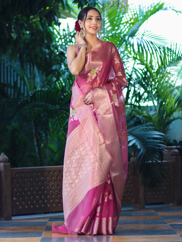 Banarasee Handloom Tissue Saree With Floral Zari Work & Border-Onion Pink