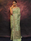 Banarasee Handwoven Pure Silk Cotton Saree With Antique Zari Buti & Border-Green