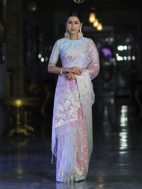 Banarasee Dual Color Organza Saree With Zari Jaal Design-Light Blue & Light Pink