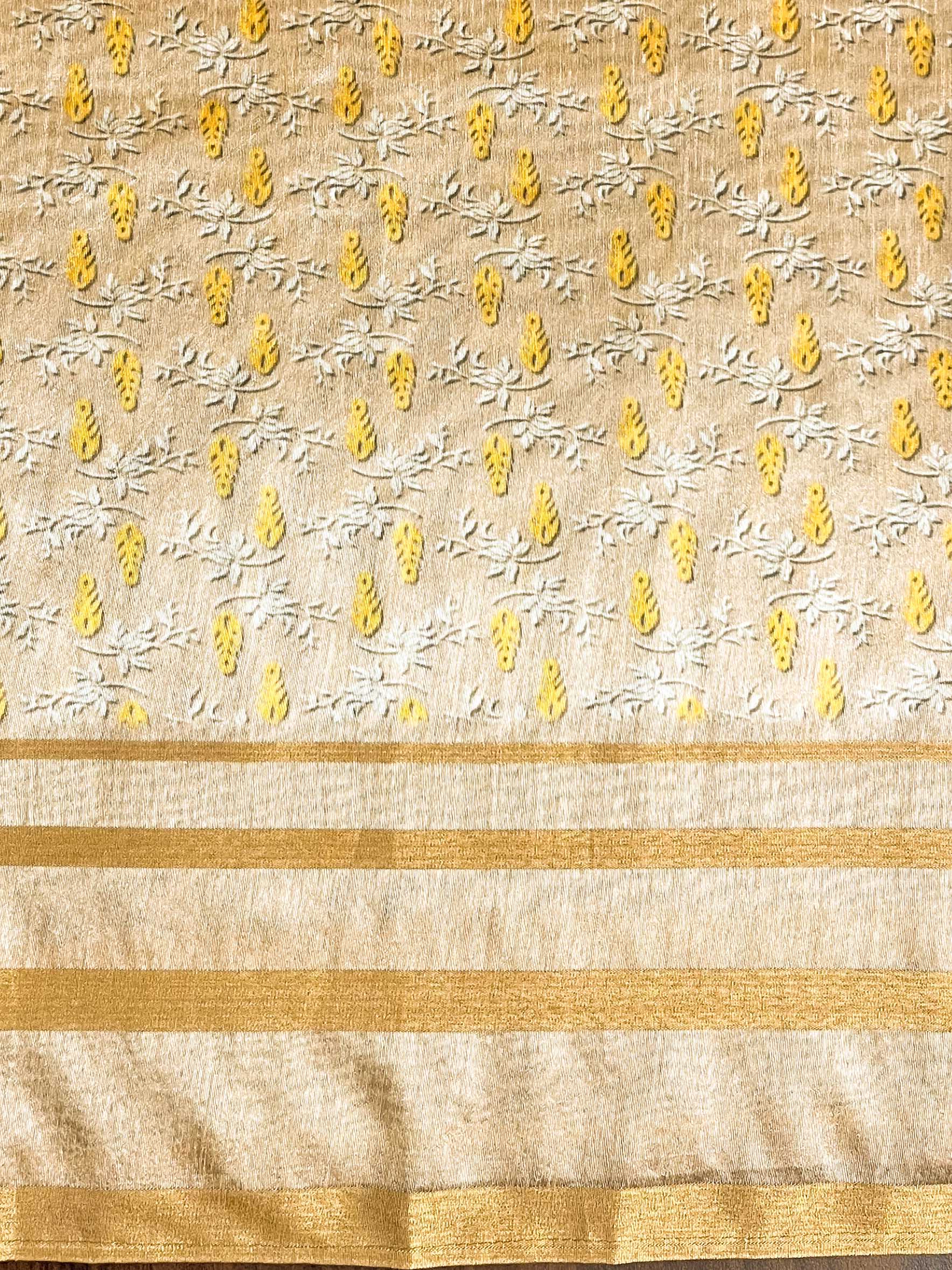 Banarasee Linen Cotton Digital Print Zari Border Saree-Beige