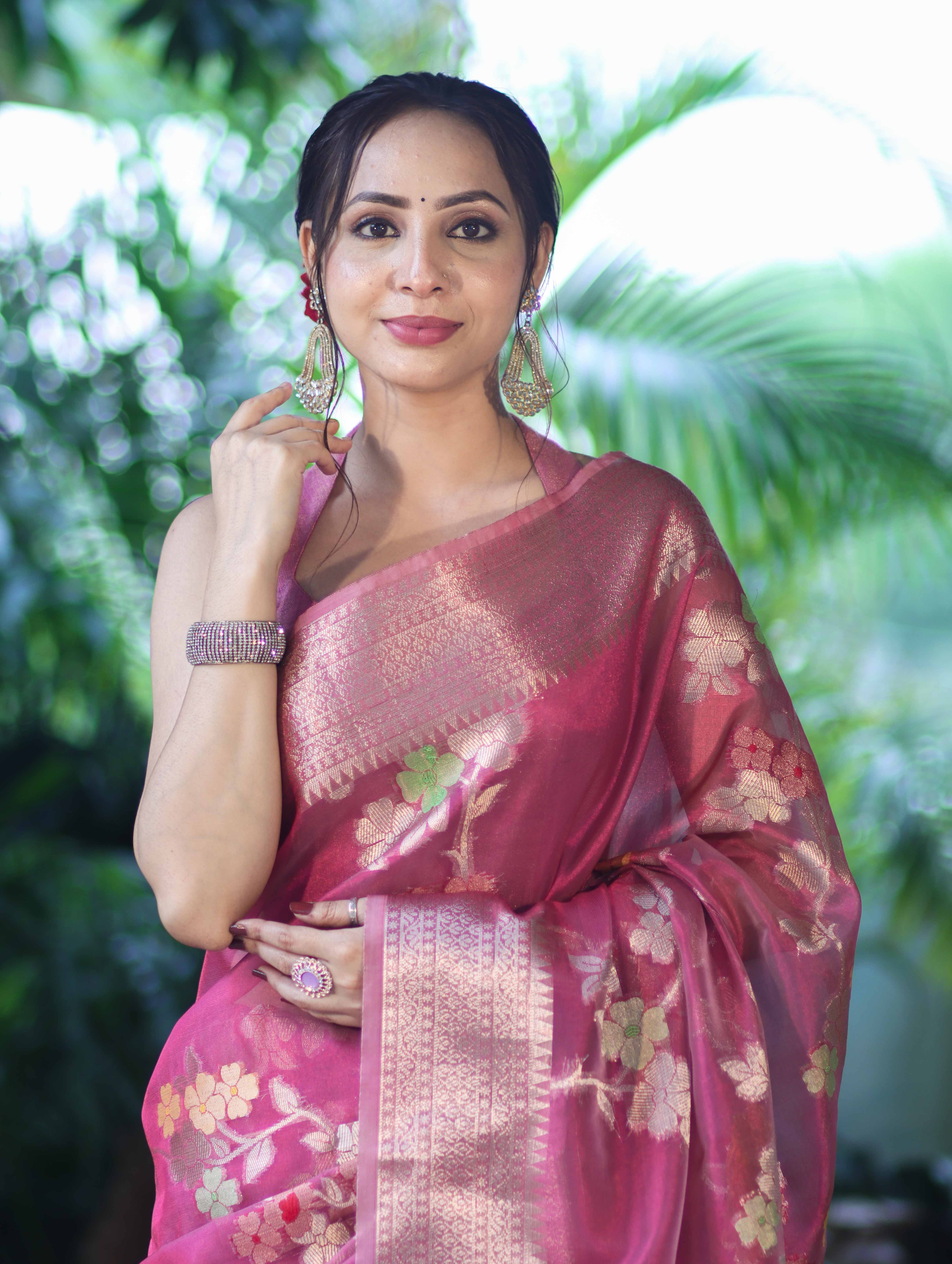 Banarasee Handloom Tissue Saree With Floral Zari Work & Border-Onion Pink