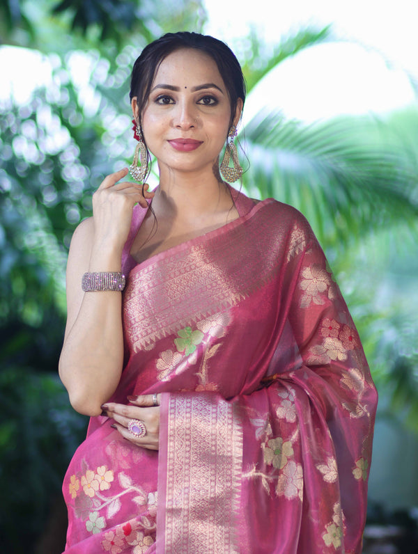 Banarasee Handloom Tissue Saree With Floral Zari Work & Border-Onion Pink