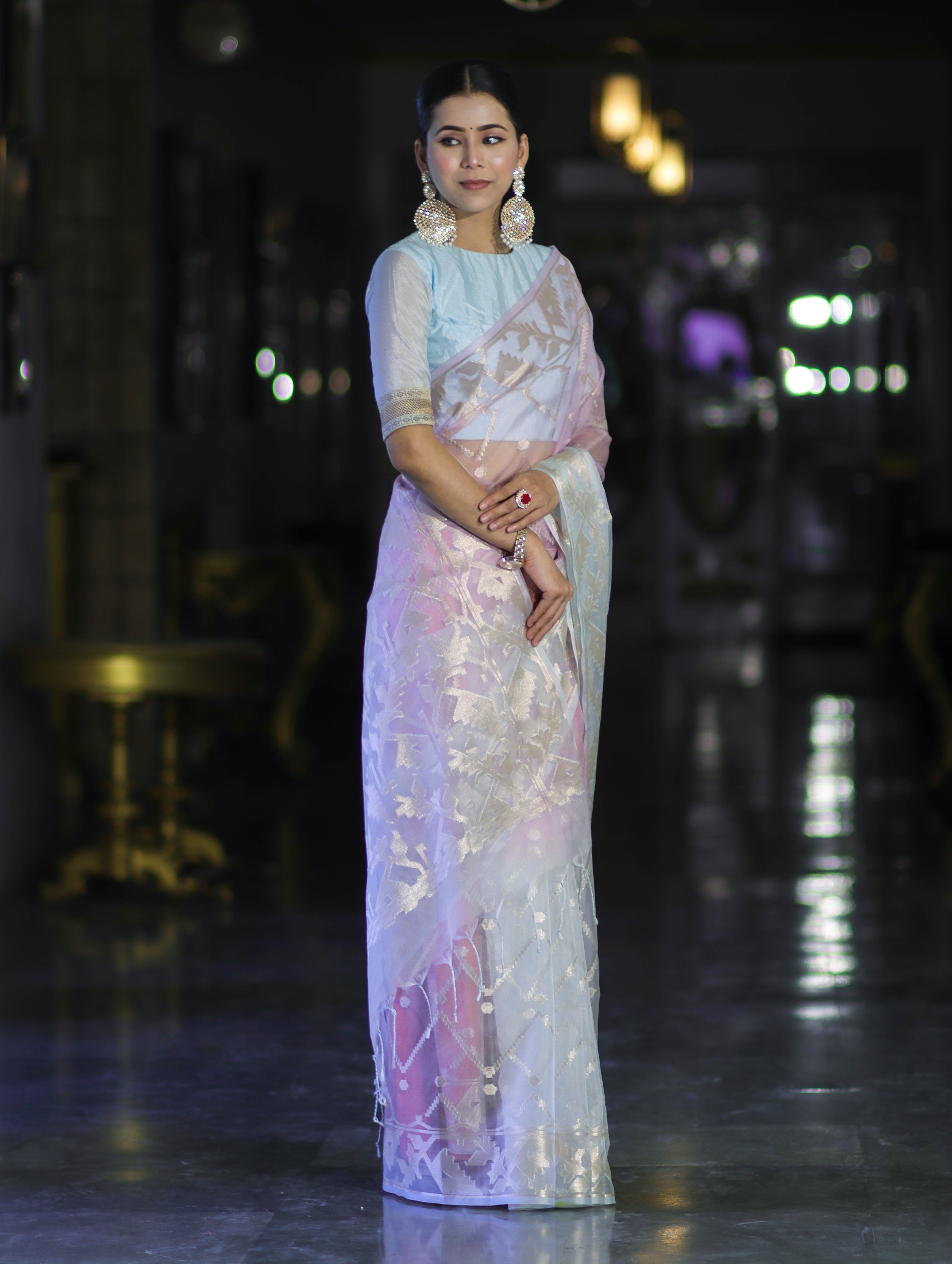 Banarasee Dual Color Organza Saree With Zari Jaal Design-Light Blue & Light Pink