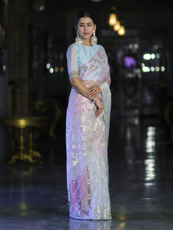 Banarasee Dual Color Organza Saree With Zari Jaal Design-Light Blue & Light Pink