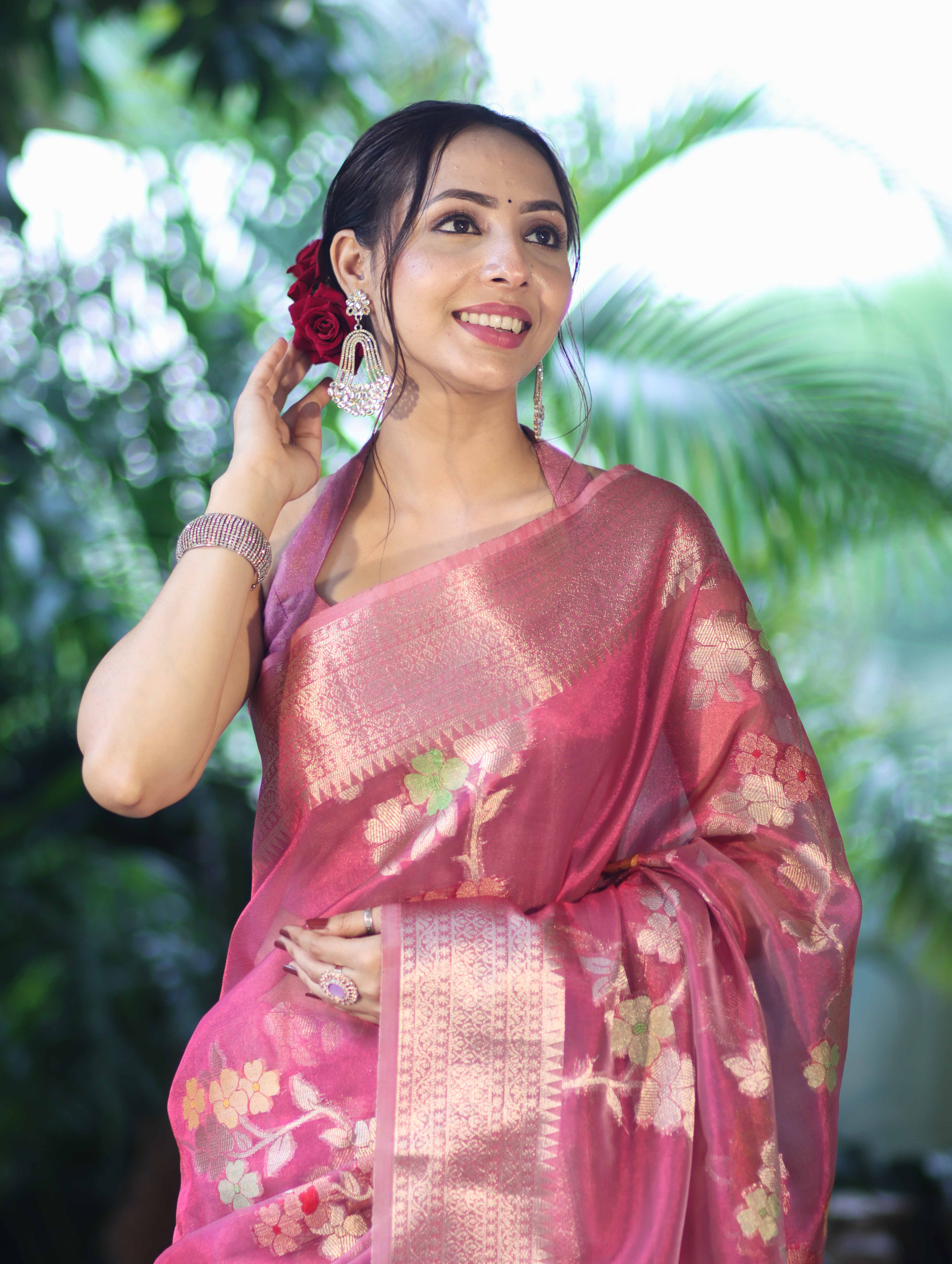 Banarasee Handloom Tissue Saree With Floral Zari Work & Border-Onion Pink