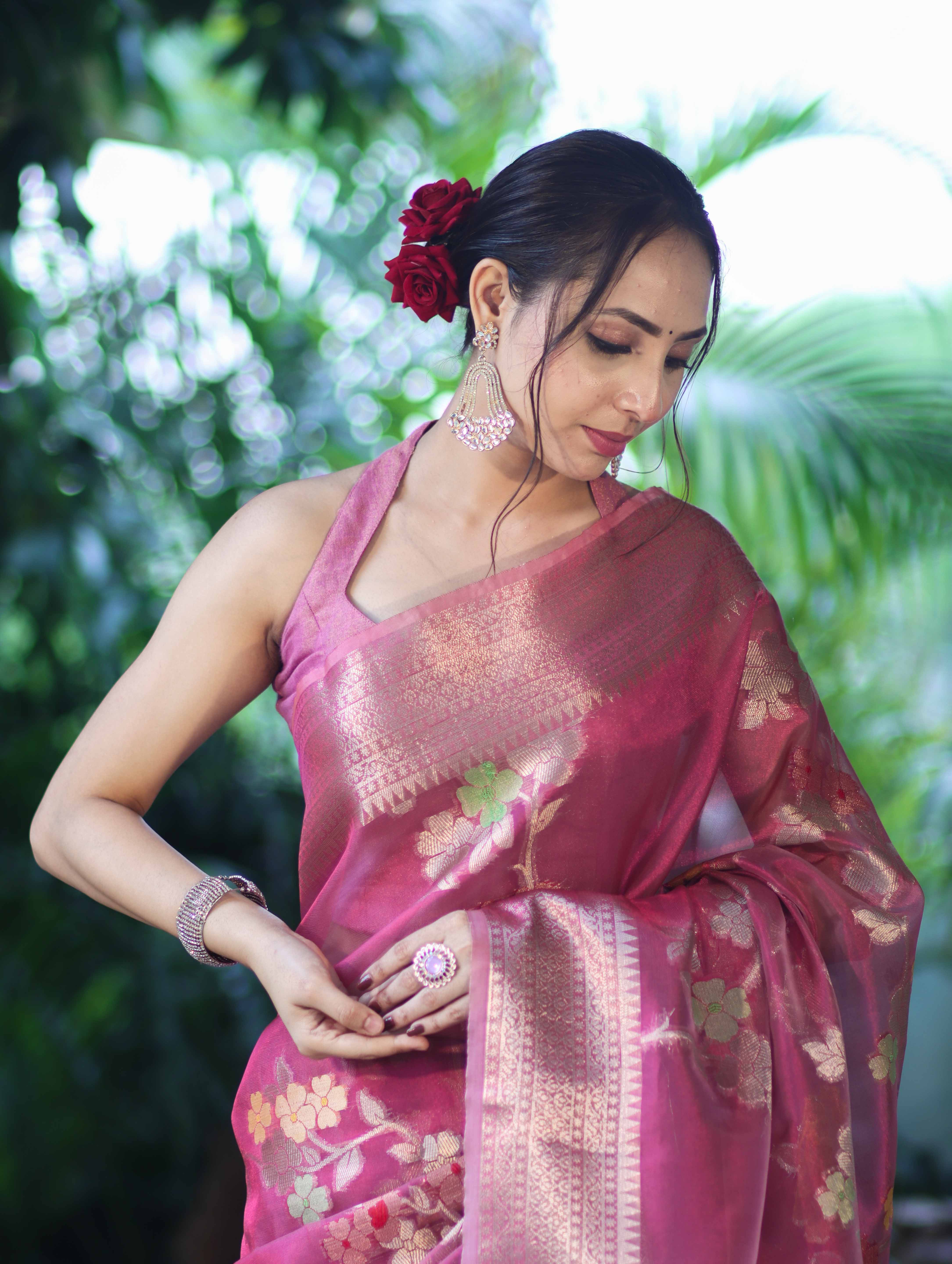 Banarasee Handloom Tissue Saree With Floral Zari Work & Border-Onion Pink