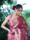 Banarasee Handloom Tissue Saree With Floral Zari Work & Border-Onion Pink