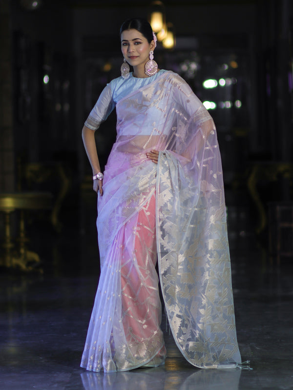 Banarasee Dual Color Organza Saree With Zari Jaal Design-Light Blue & Light Pink