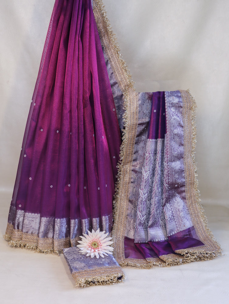 Banarasee Handloom Tissue Saree With Handwoven Pearl Motifs Zari Work & Lace-Violet