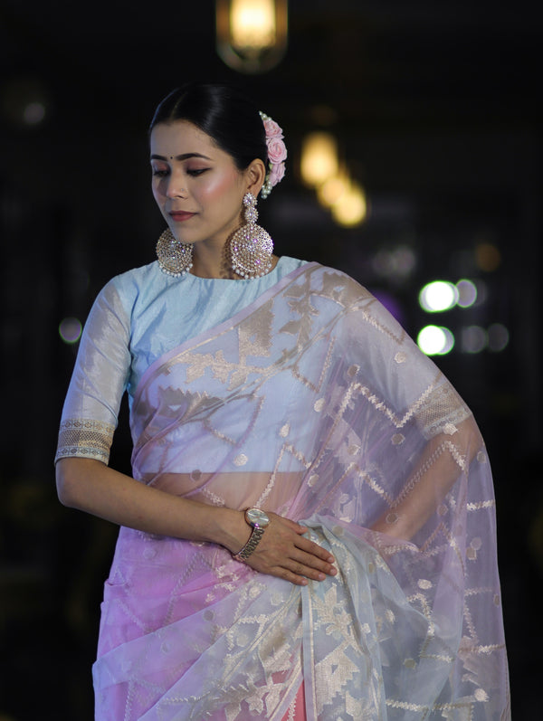 Banarasee Dual Color Organza Saree With Zari Jaal Design-Light Blue & Light Pink