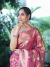 Banarasee Handloom Tissue Saree With Floral Zari Work & Border-Onion Pink