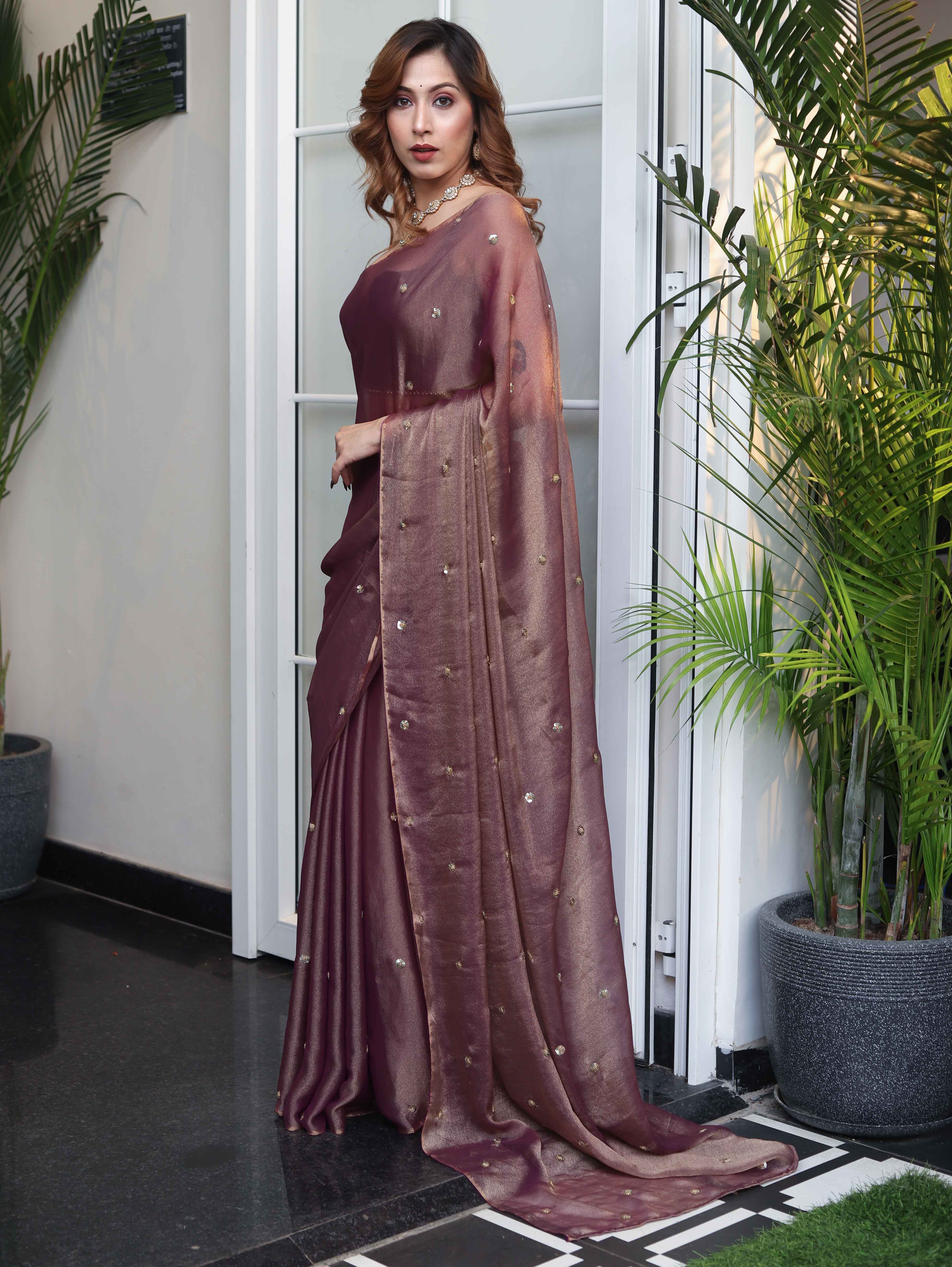 Banarasee Handwoven Semi Chiffon Saree With Buta Work-Mauve