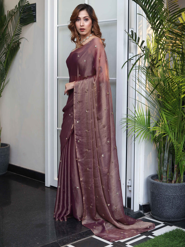 Banarasee Handwoven Semi Chiffon Saree With Buta Work-Mauve
