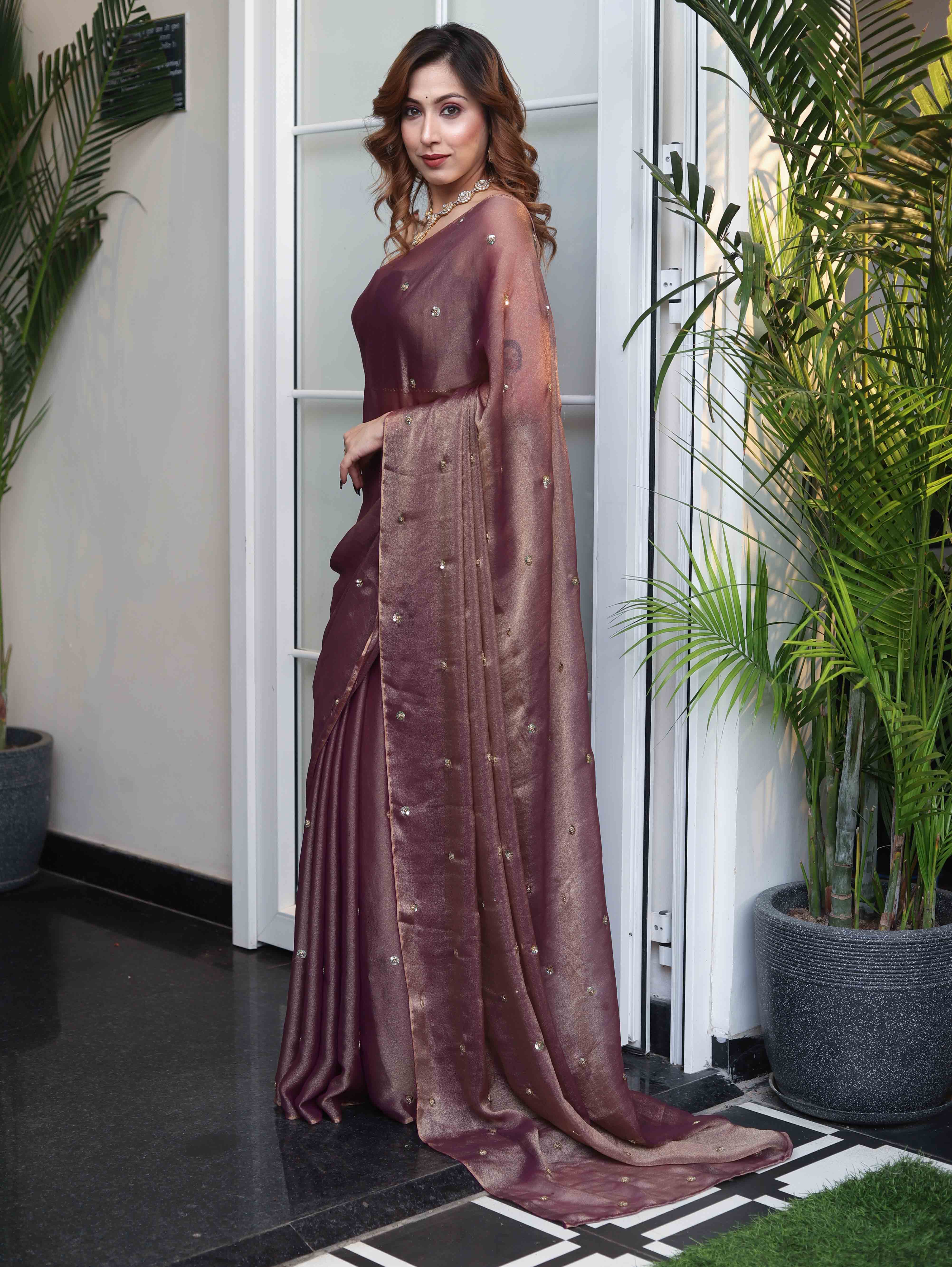 Banarasee Handwoven Semi Chiffon Saree With Buta Work-Mauve