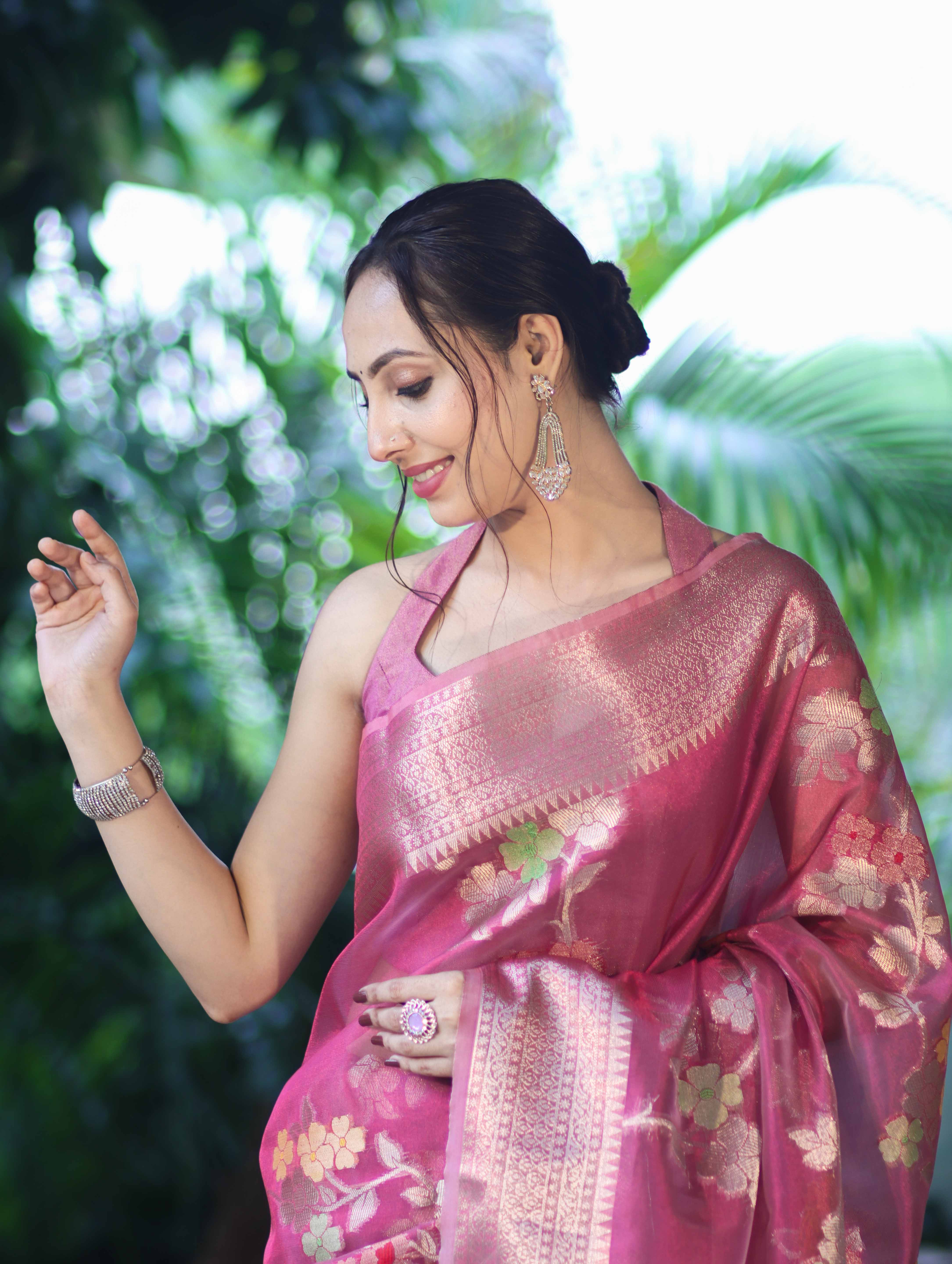 Banarasee Handloom Tissue Saree With Floral Zari Work & Border-Onion Pink