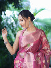 Banarasee Handloom Tissue Saree With Floral Zari Work & Border-Onion Pink