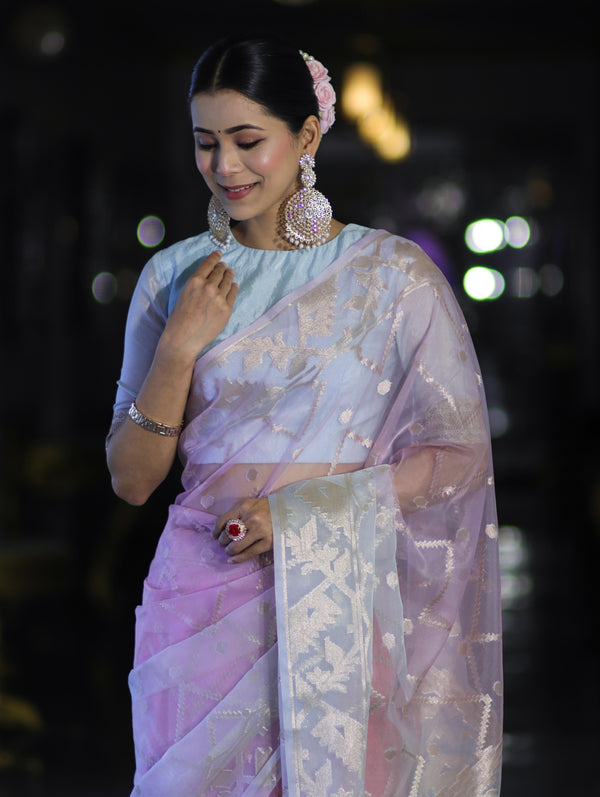 Banarasee Dual Color Organza Saree With Zari Jaal Design-Light Blue & Light Pink