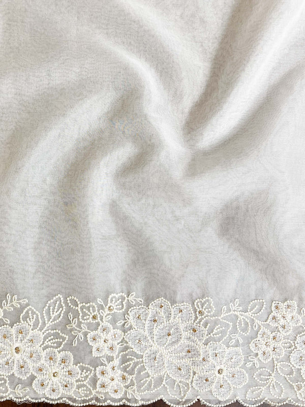 Banarasee Handwoven Organza Floral Embroidery Saree-White