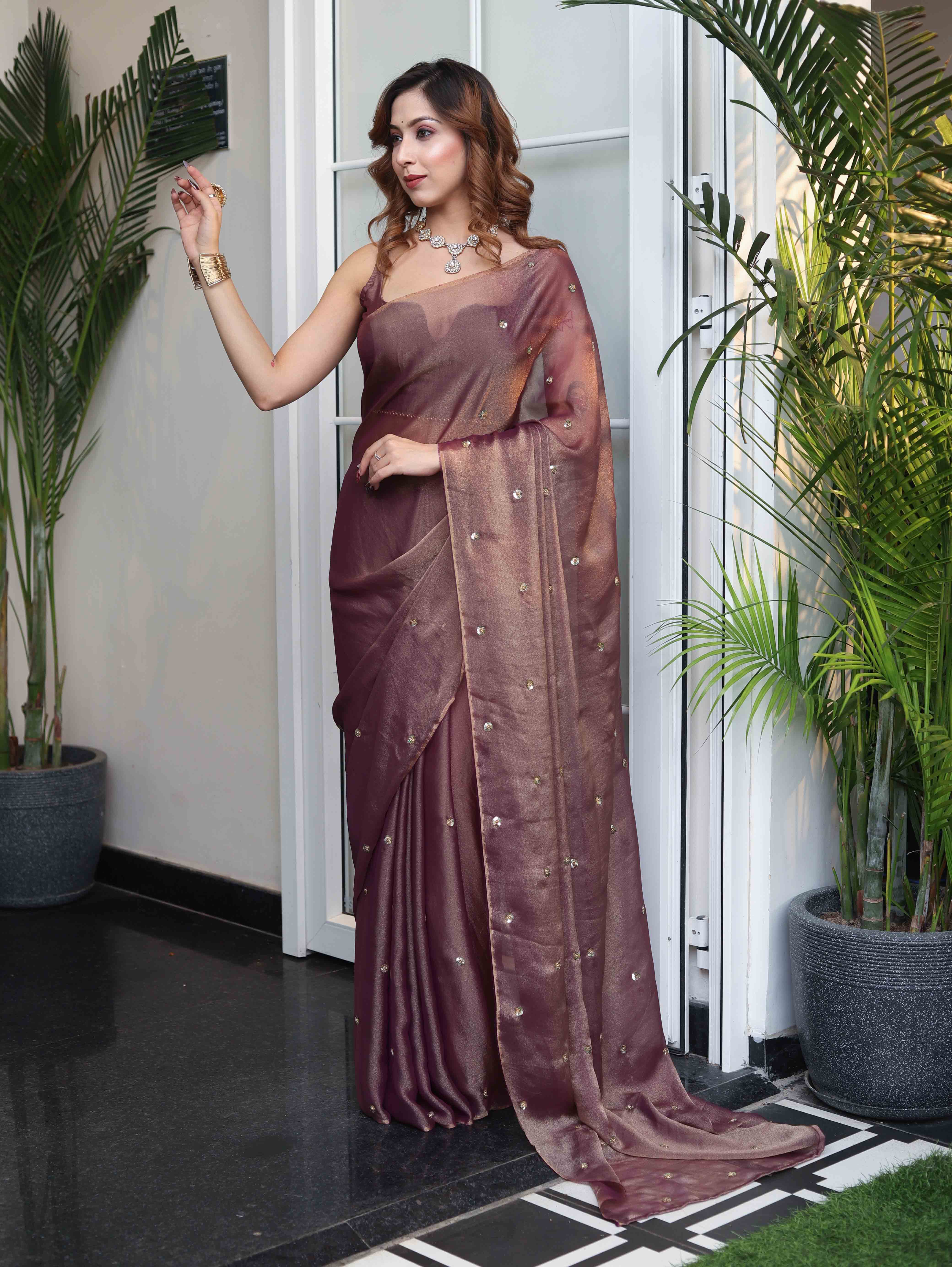 Banarasee Handwoven Semi Chiffon Saree With Buta Work-Mauve