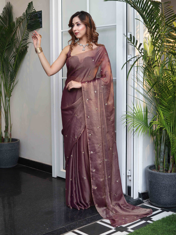 Banarasee Handwoven Semi Chiffon Saree With Buta Work-Mauve