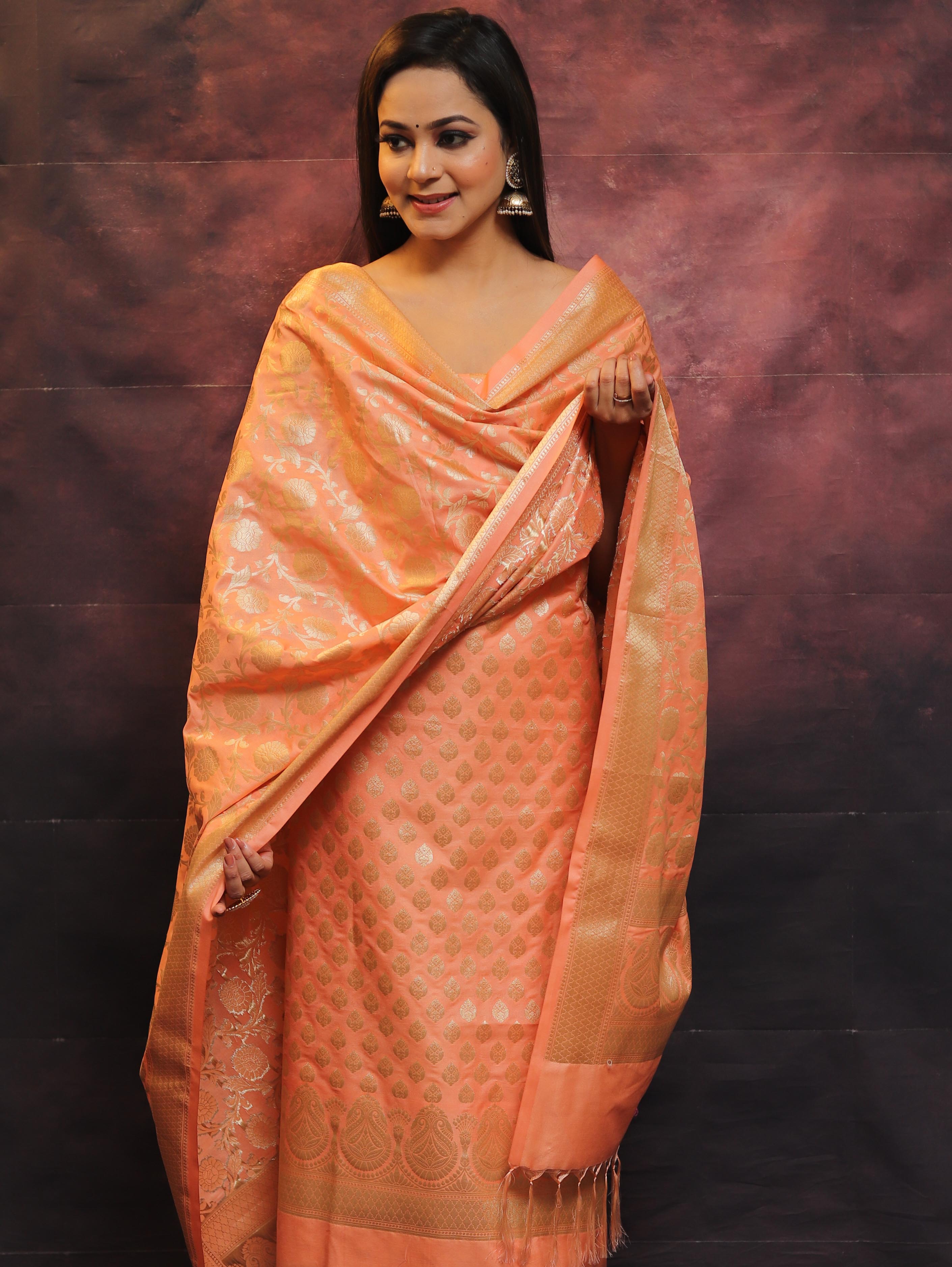 Banarasee Salwar Kameez Semi Katan Silk Fabric With Zari Work-Peach