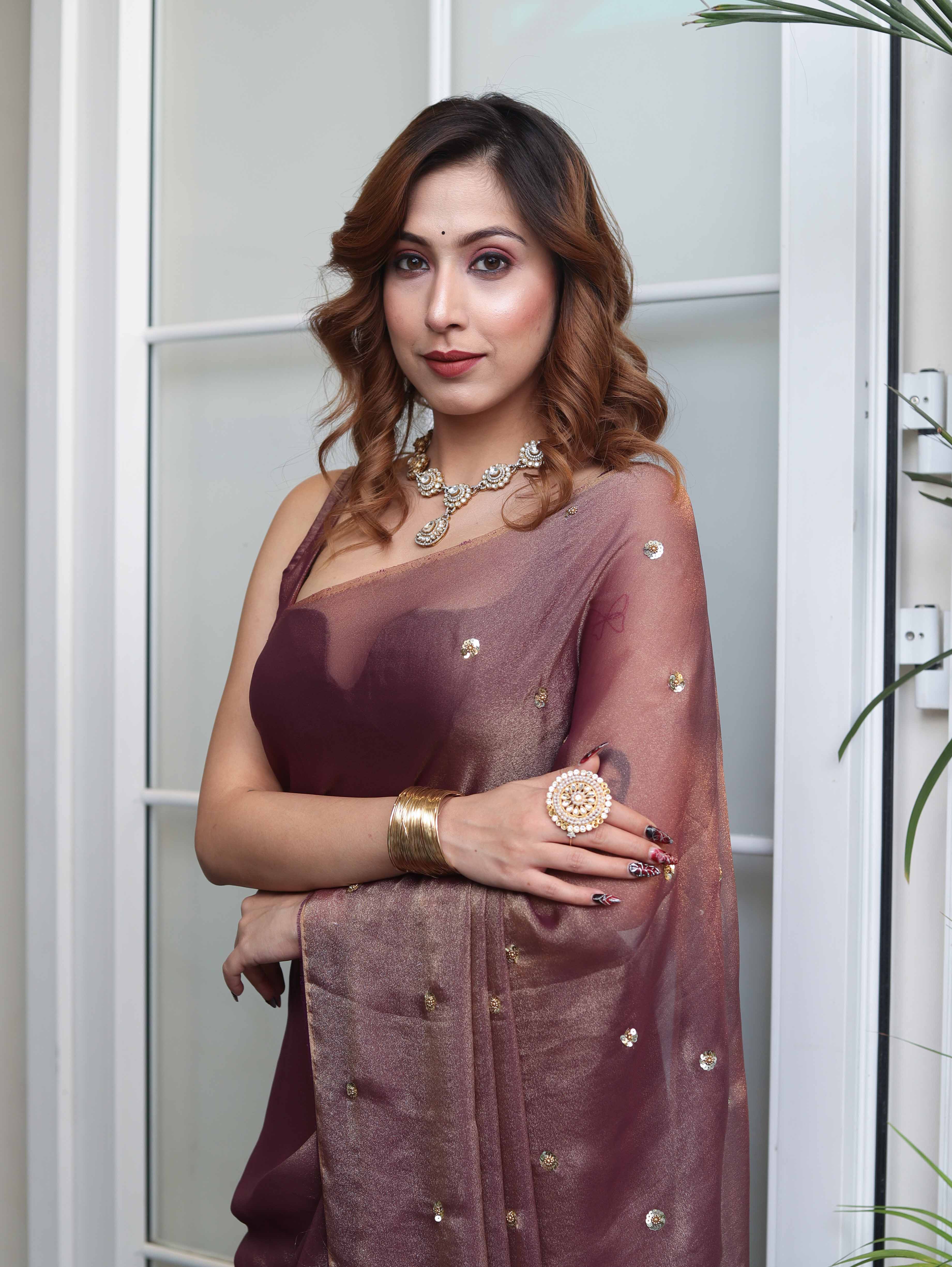 Banarasee Handwoven Semi Chiffon Saree With Buta Work-Mauve