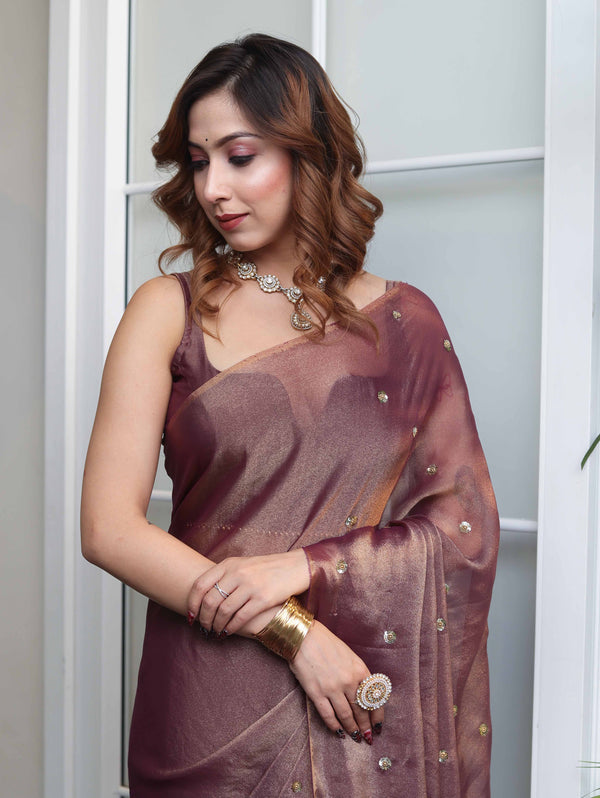 Banarasee Handwoven Semi Chiffon Saree With Buta Work-Mauve