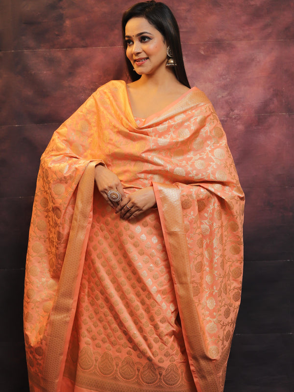 Banarasee Salwar Kameez Semi Katan Silk Fabric With Zari Work-Peach