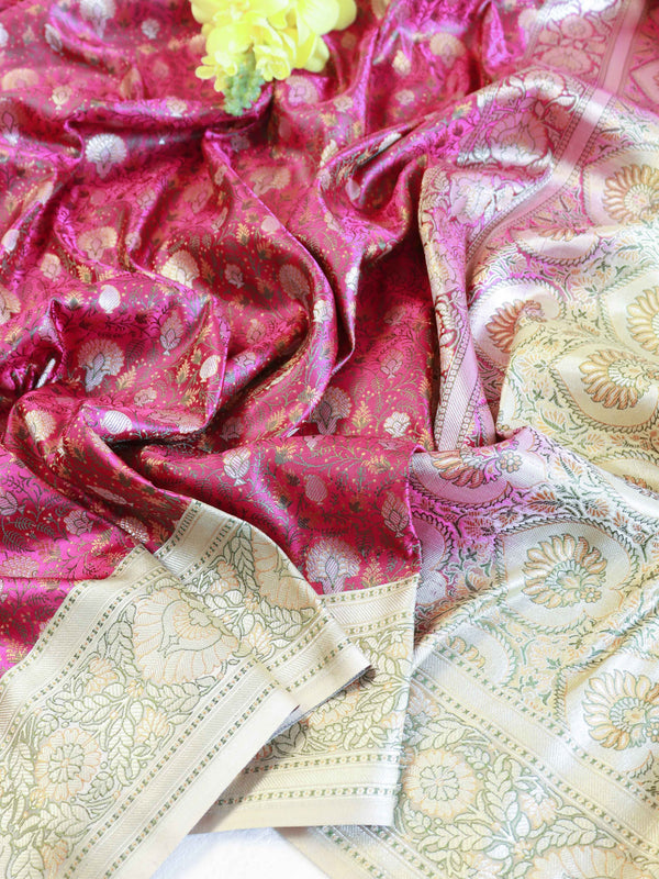 Banarasee Handwoven Semi-Katan Tanchoi Weaving Floral Border Saree-Pink & White