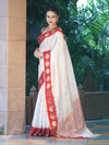 Banarasee Handloom Semi Silk Saree With Buti Design & Contrast Border-White & Maroon