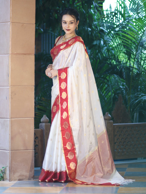 Banarasee Handloom Semi Silk Saree With Buti Design & Contrast Border-White & Maroon