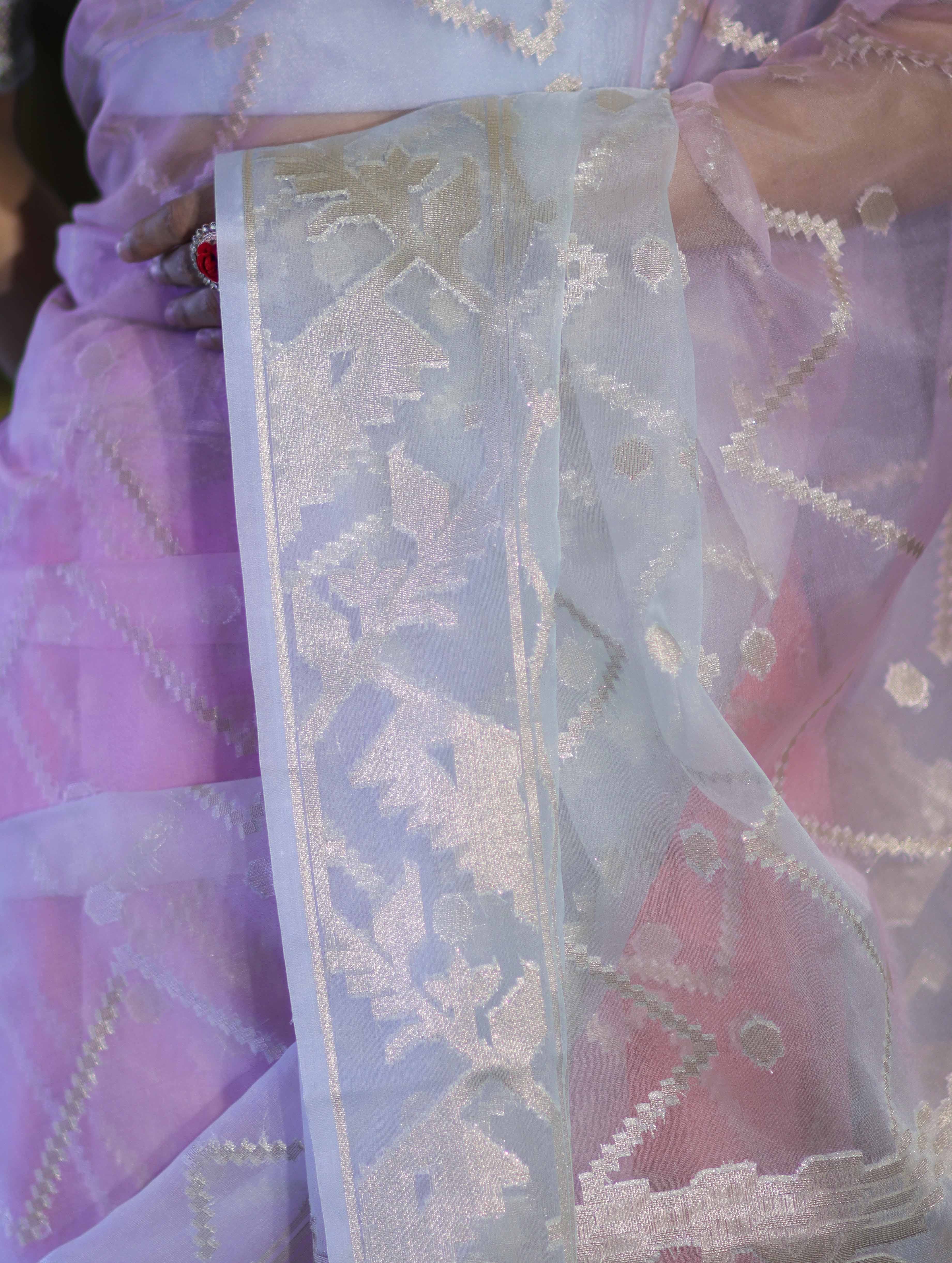 Banarasee Dual Color Organza Saree With Zari Jaal Design-Light Blue & Light Pink