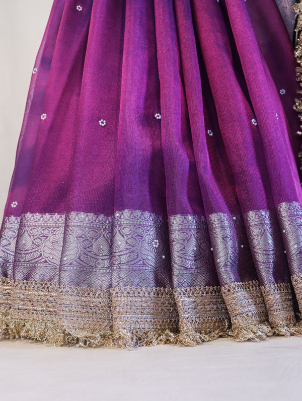 Banarasee Handloom Tissue Saree With Handwoven Pearl Motifs Zari Work & Lace-Violet