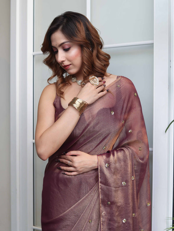 Banarasee Handwoven Semi Chiffon Saree With Buta Work-Mauve