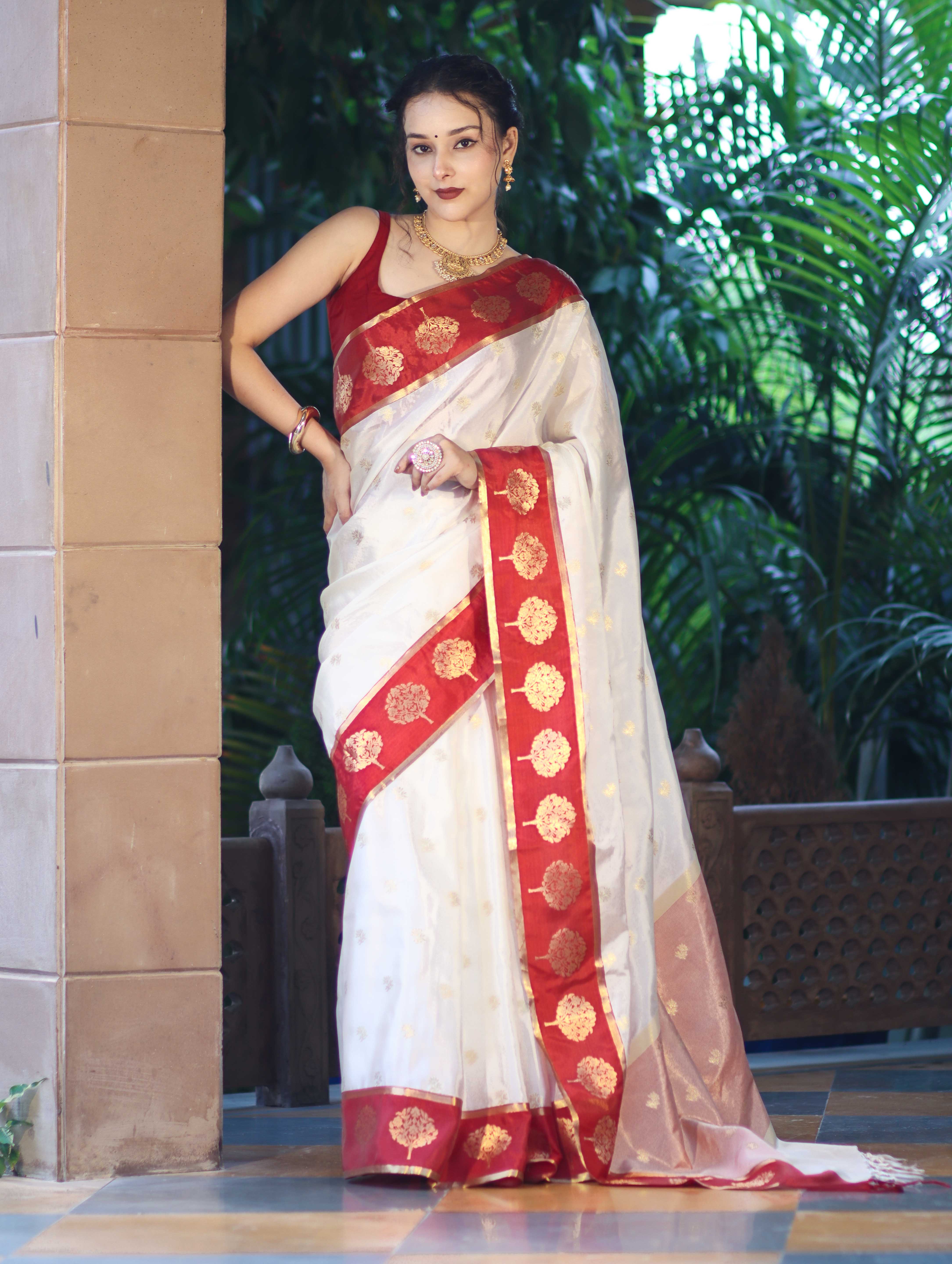Banarasee Handloom Semi Silk Saree With Buti Design & Contrast Border-White & Maroon