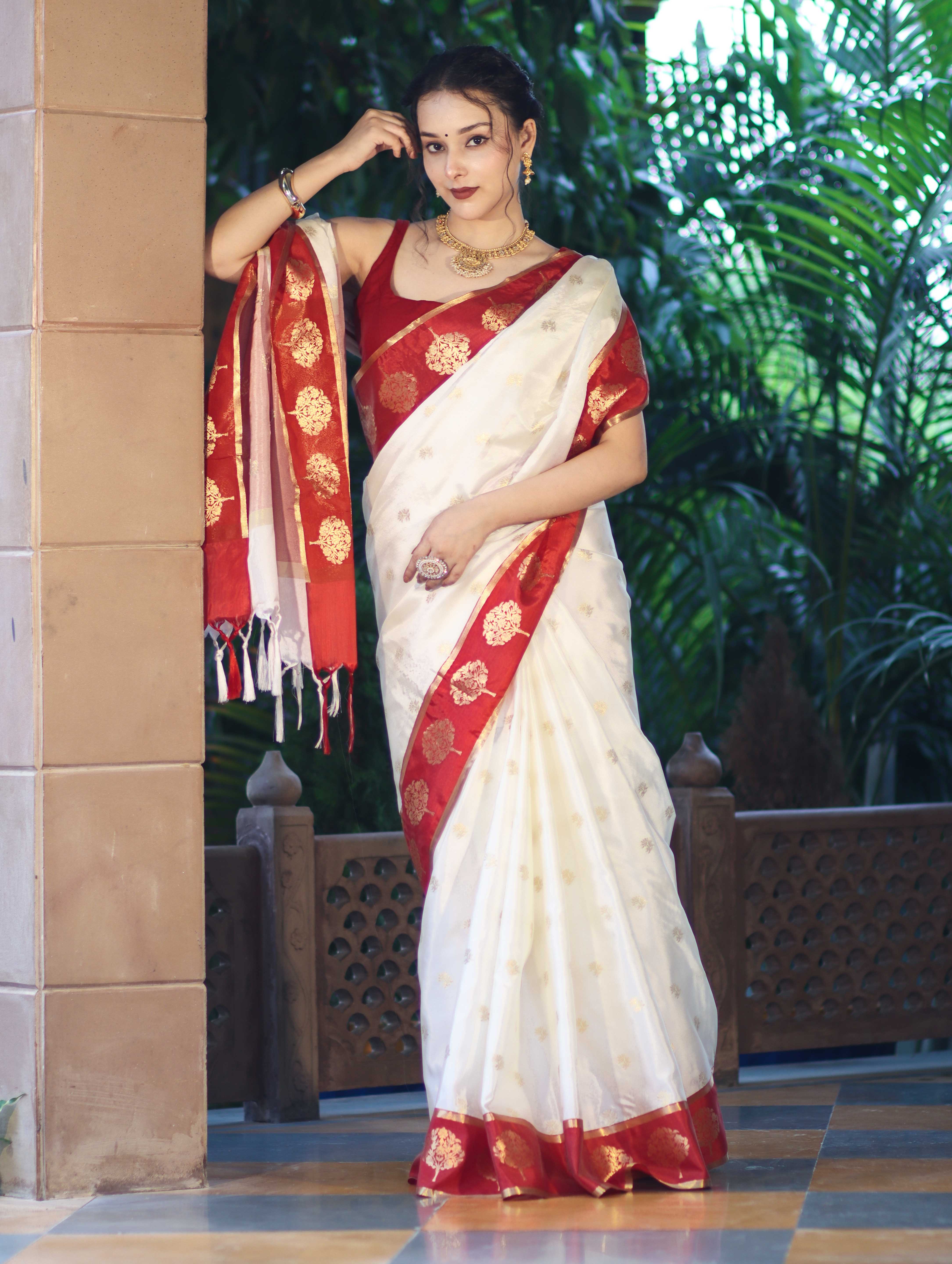 Banarasee Handloom Semi Silk Saree With Buti Design & Contrast Border-White & Maroon