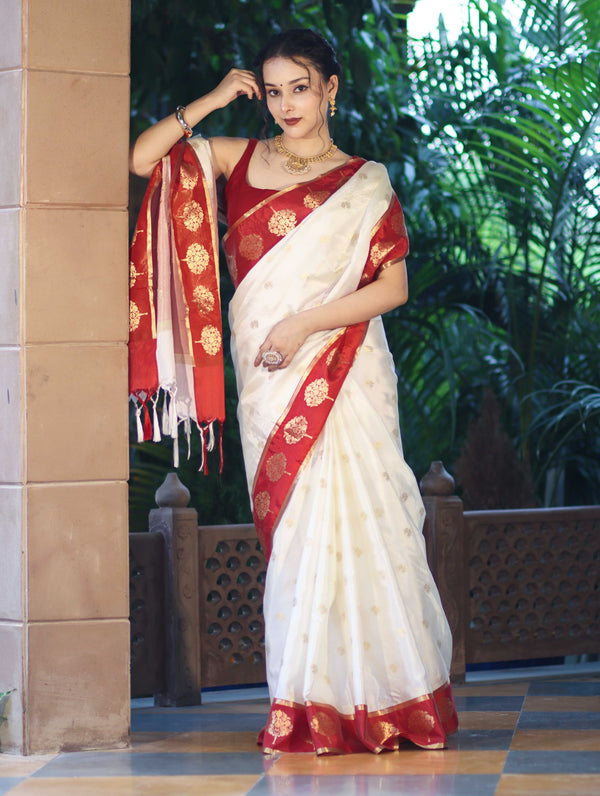 Banarasee Handloom Semi Silk Saree With Buti Design & Contrast Border-White & Maroon
