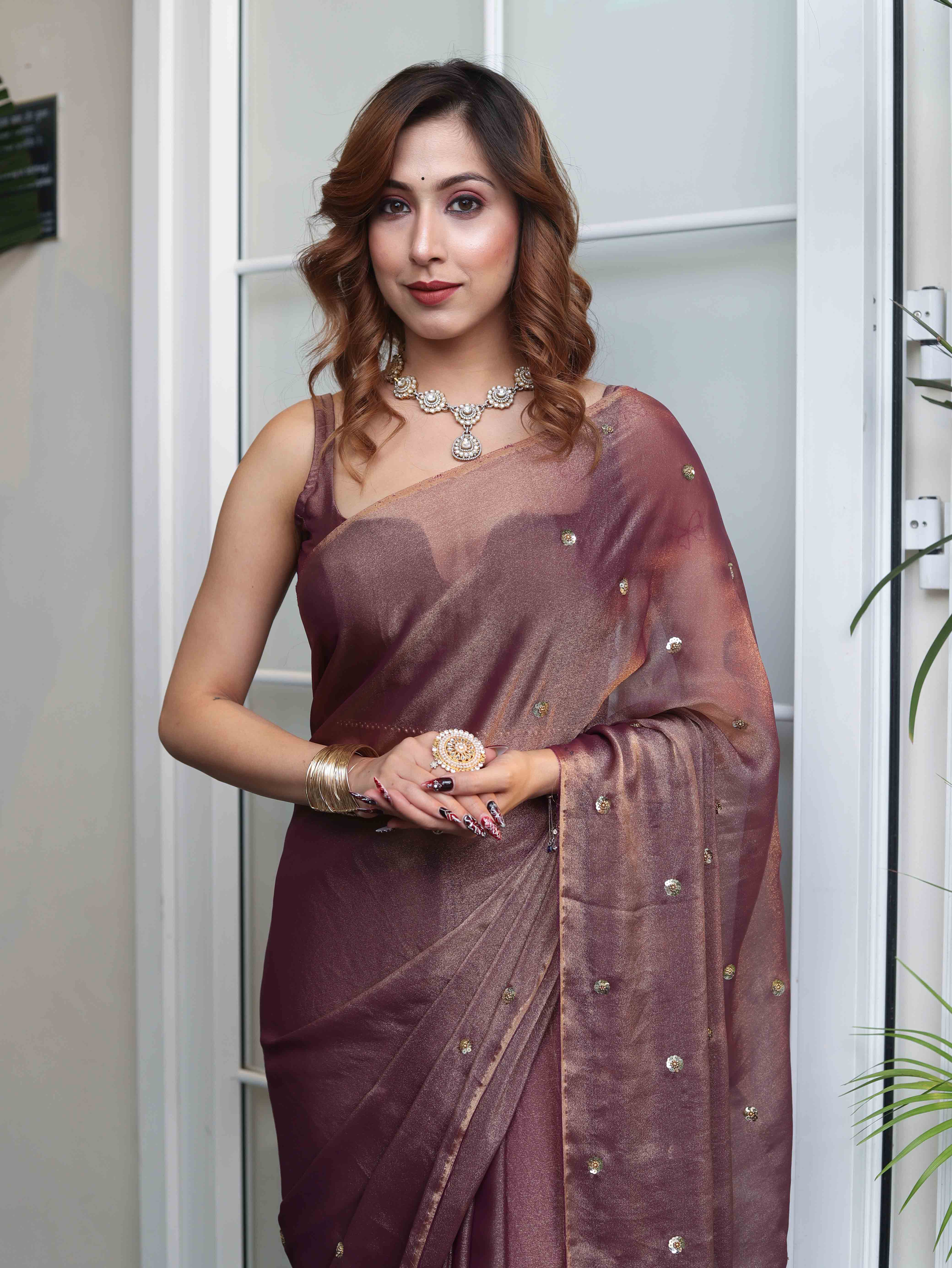 Banarasee Handwoven Semi Chiffon Saree With Buta Work-Mauve
