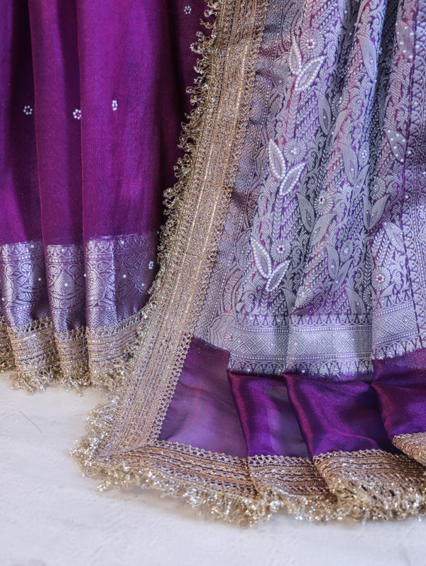 Banarasee Handloom Tissue Saree With Handwoven Pearl Motifs Zari Work & Lace-Violet