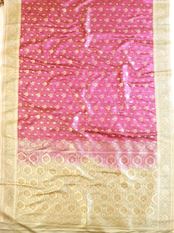 Banarasee Handwoven Semi-Katan Tanchoi Weaving Floral Border Saree-Pink & White