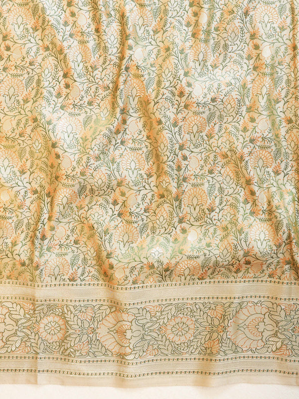 Banarasee Handwoven Semi-Katan Tanchoi Weaving Floral Border Saree-Pink & White