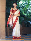 Banarasee Handloom Semi Silk Saree With Buti Design & Contrast Border-White & Maroon