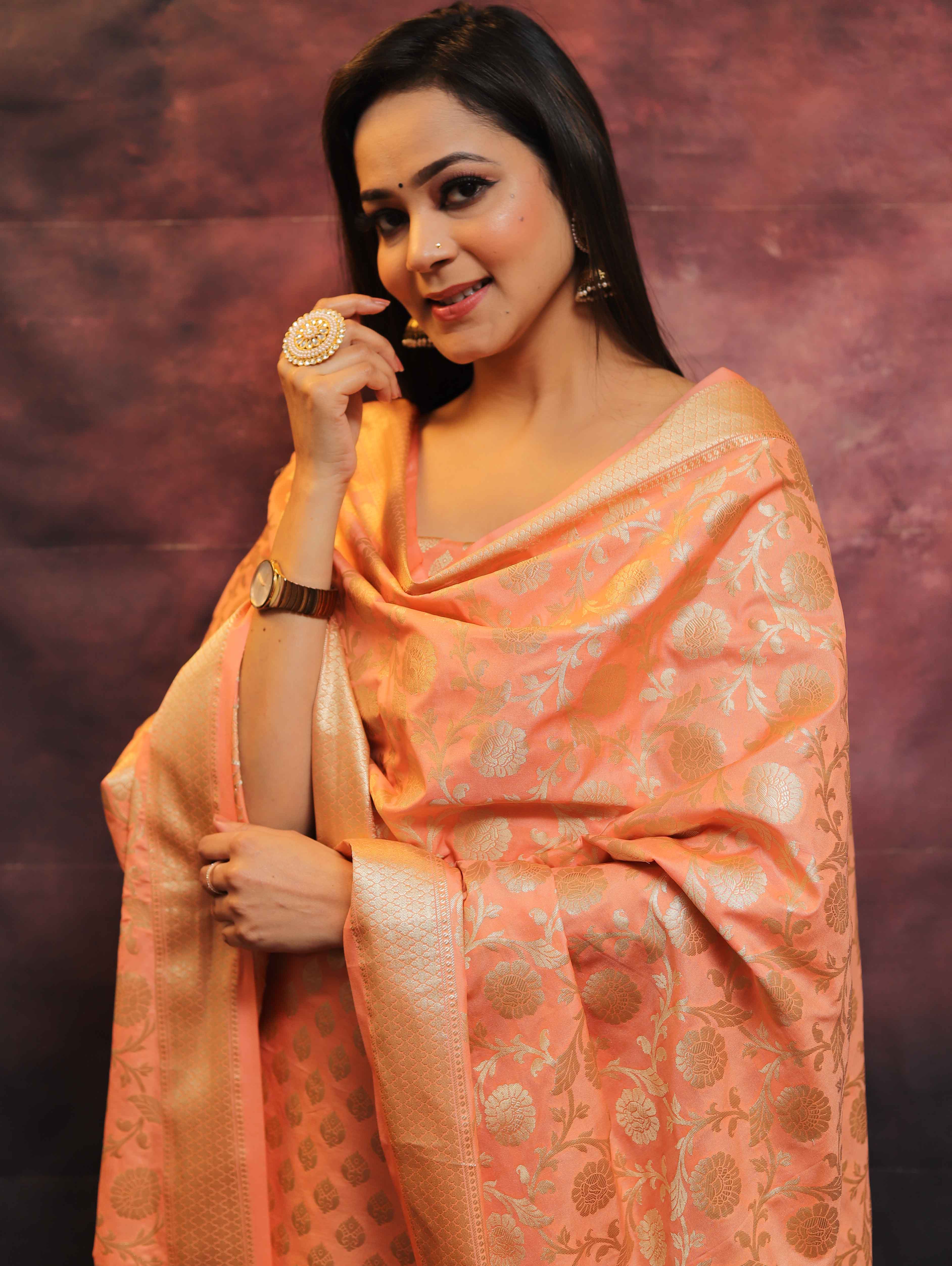 Banarasee Salwar Kameez Semi Katan Silk Fabric With Zari Work-Peach