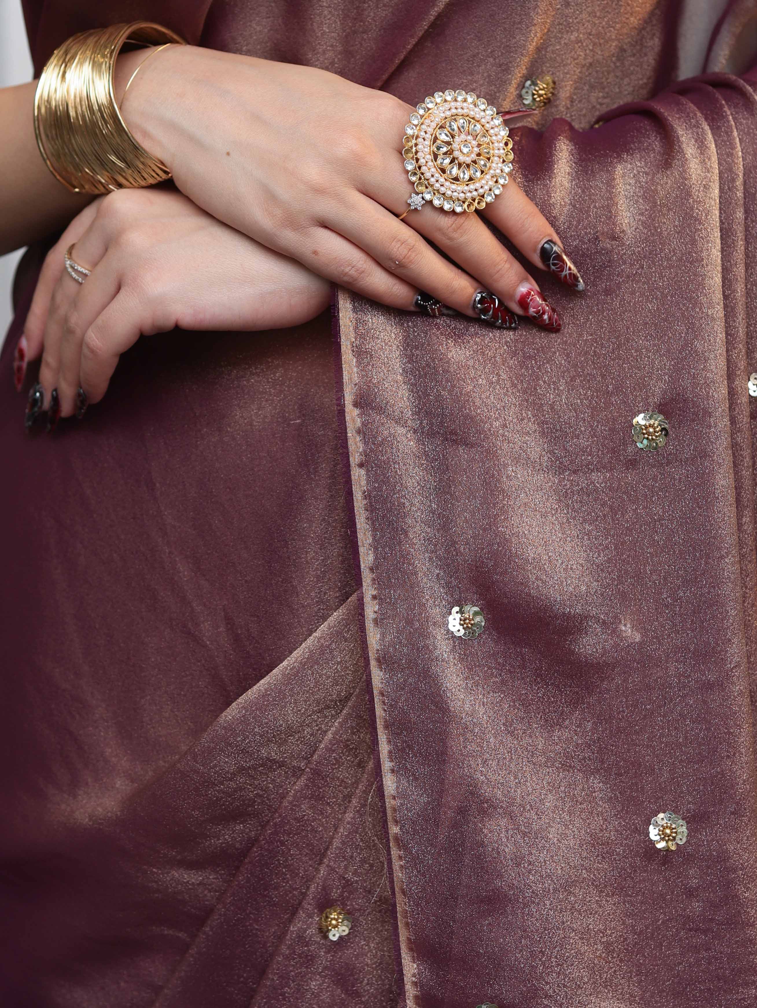 Banarasee Handwoven Semi Chiffon Saree With Buta Work-Mauve