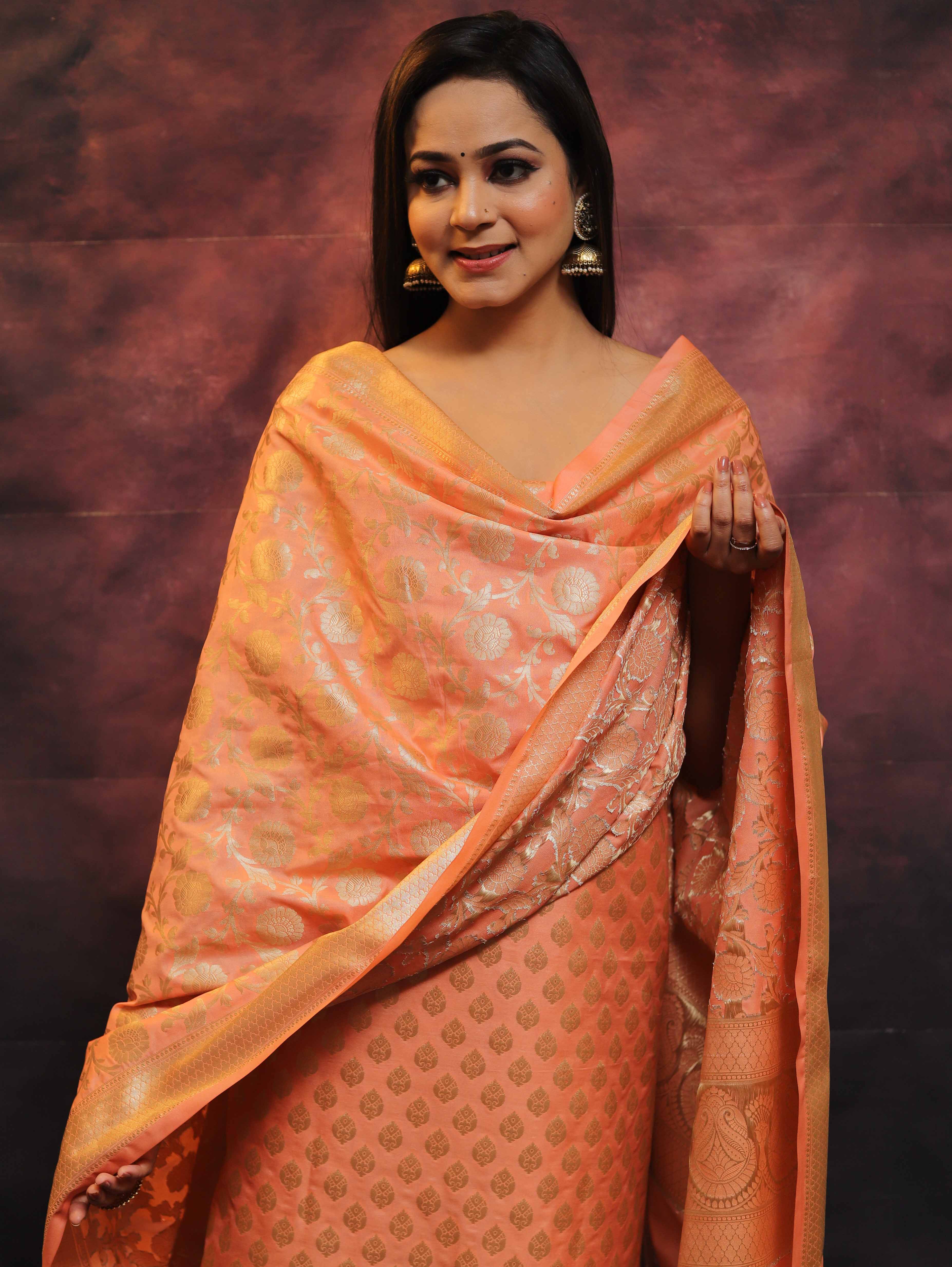 Banarasee Salwar Kameez Semi Katan Silk Fabric With Zari Work-Peach