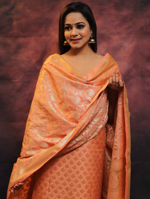 Banarasee Salwar Kameez Semi Katan Silk Fabric With Zari Work-Peach