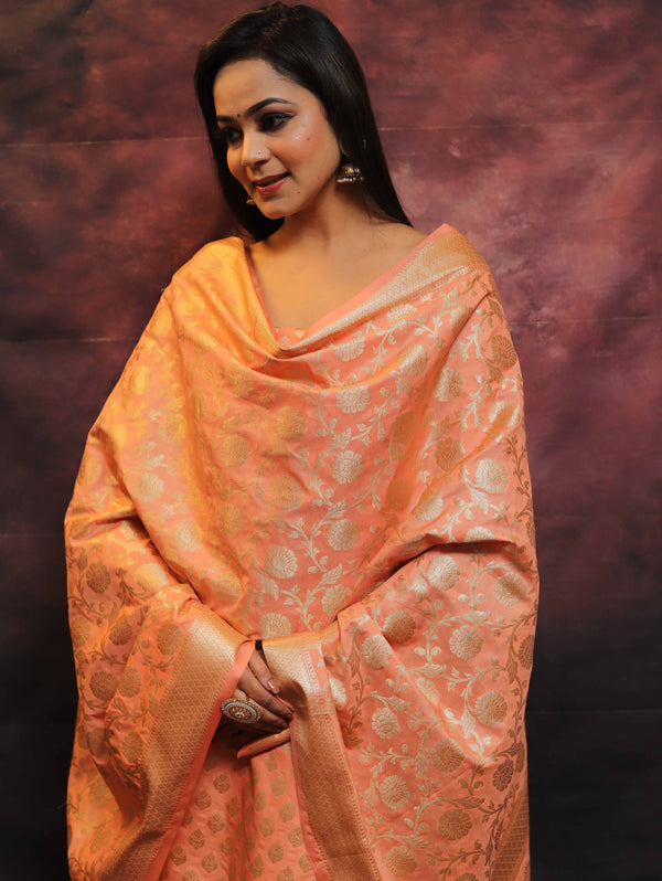 Banarasee Salwar Kameez Semi Katan Silk Fabric With Zari Work-Peach